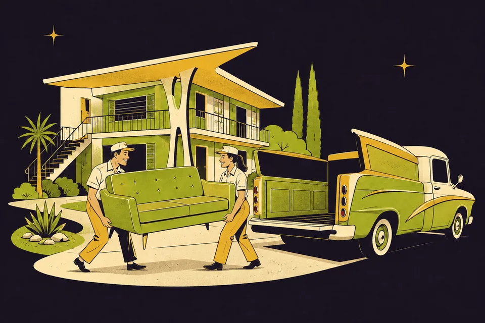 Retro illustration of a woman and a man carrying a sofa to a finned truck outside an apartment building.